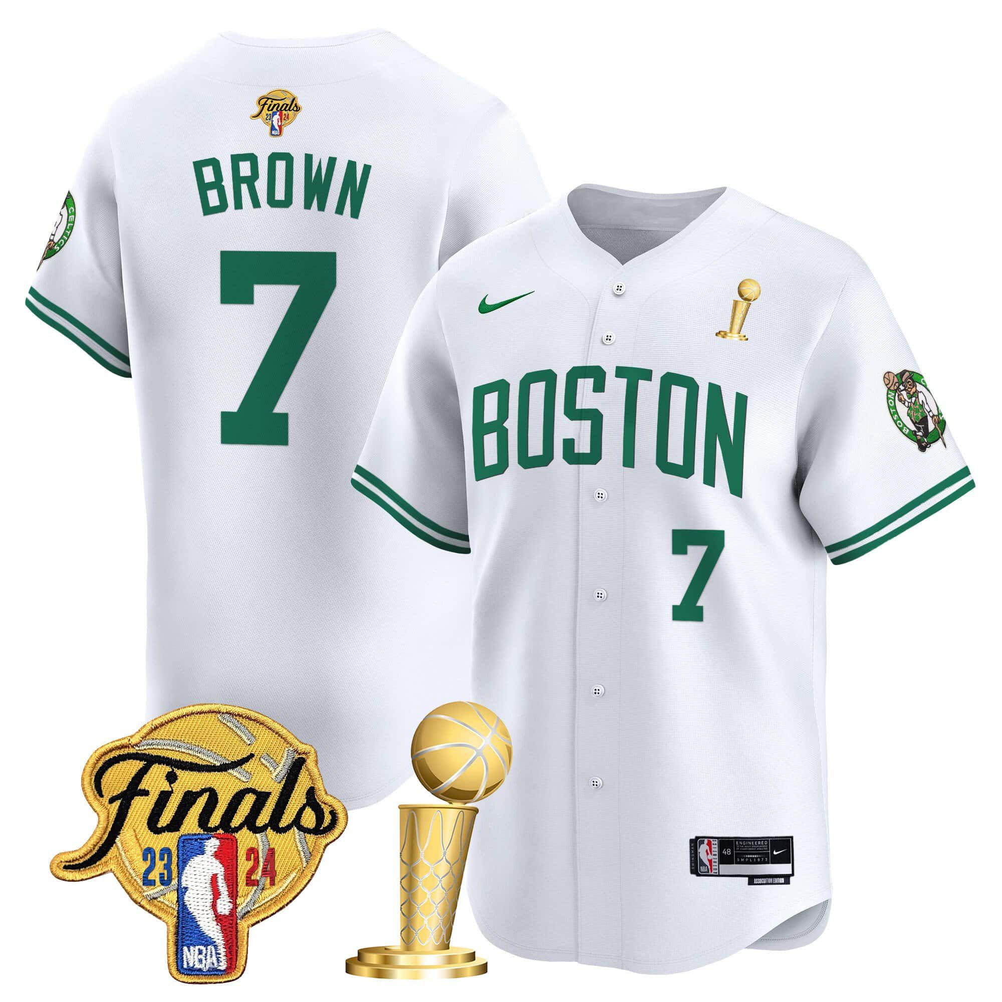 Men Boston Celtics 7 Brown White 2024 Nike Final & Champions Patch Baseball NBA Jersey